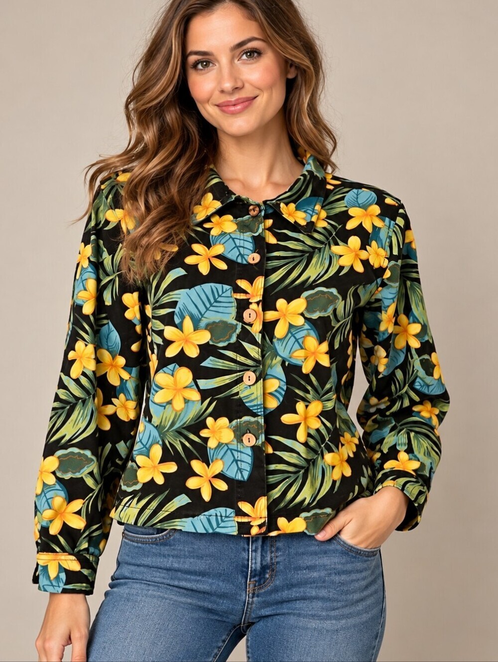 JANE ASHLEY Tropical Floral Resort Button Down Shacket